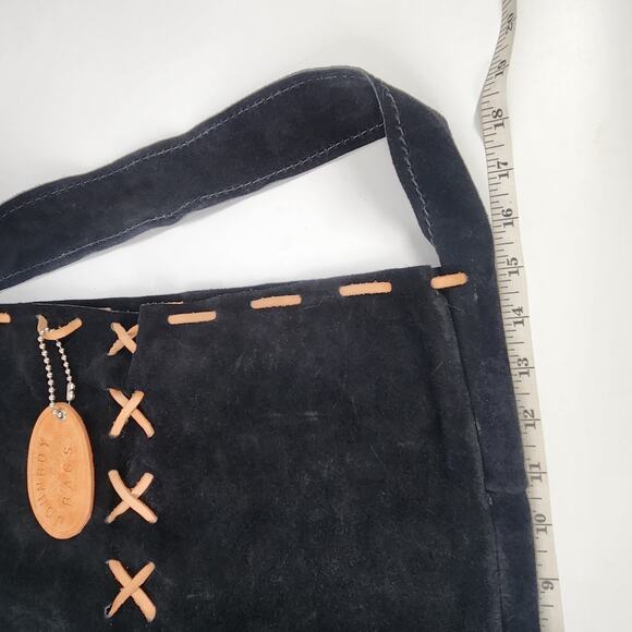 John Boy Bags Shoulder Bag Black Suede Leather Cross Stitch Boho Country Luxe - Picture 3 of 5